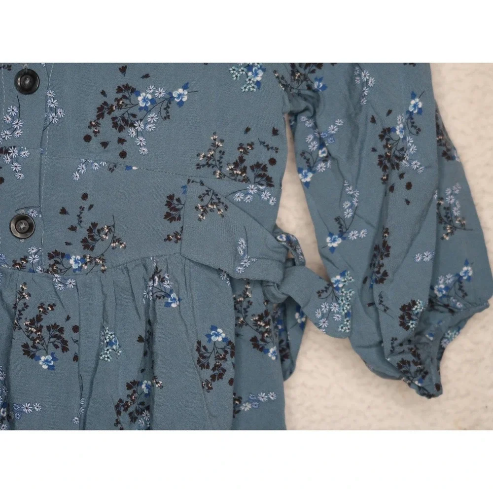 Zara Girls Blue Floral Dress Sz 7 Boho Cottagecore Puff Sleeve Button Spring NWT